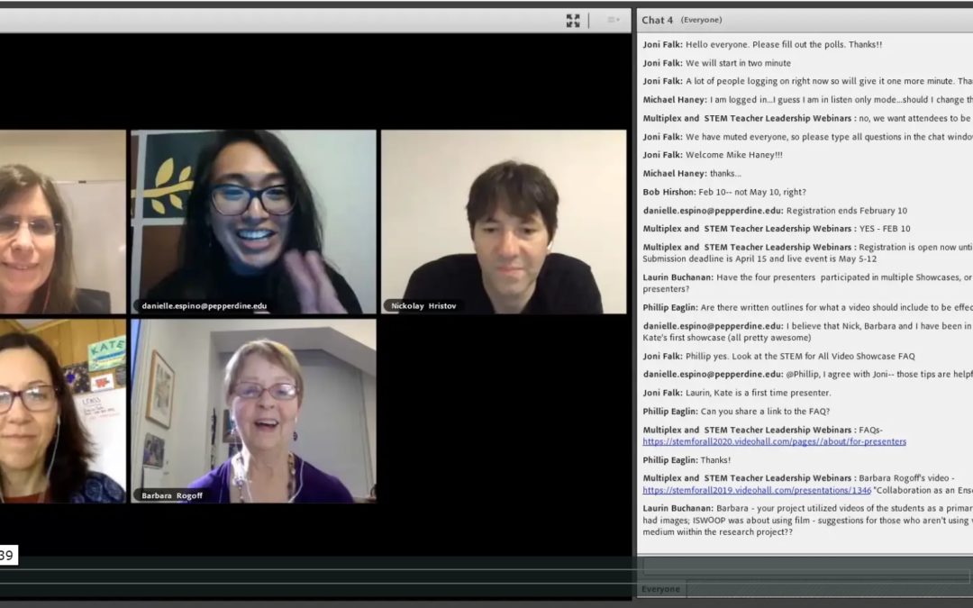 Team of five people on a computer screen having a conversations, sharing their strategies for creating and then disseminating their short video featured in the STEM for All Video Showcase in 2019.